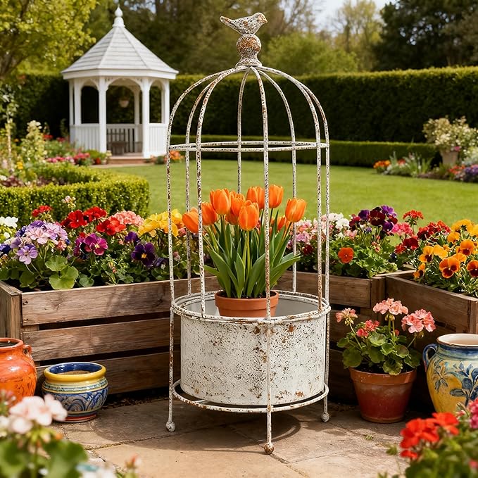 Vintage Rustic Birdcage Planter Stand, Farmhouse Distressed Decorative Metal Round Plants Holder, Outdoor Garden Flower Pot for Climbing Plants, Home Patio Yard Balconies Decor