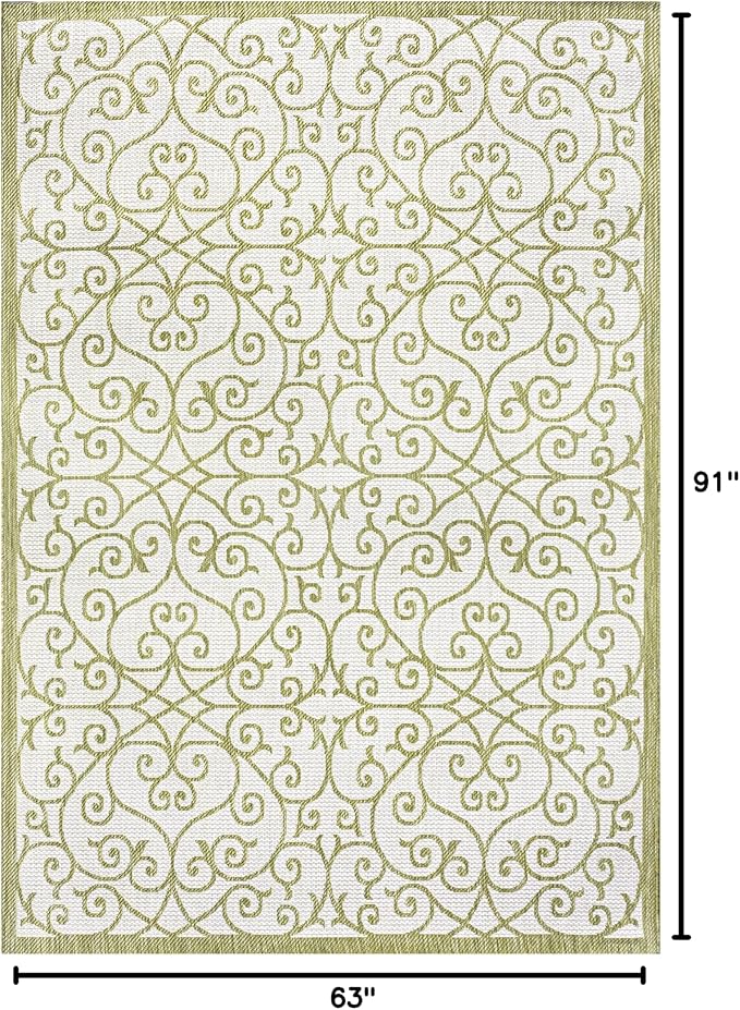 JONATHAN Y Vintage Filigree Indoor Outdoor Area Rug 5X8 Green/Cream, Madrid Textured Weave for Backyard, Patio, Porch, Easy-Cleaning, High Traffic, Pet-Friendly, Non-Shedding (SMB107H-5)