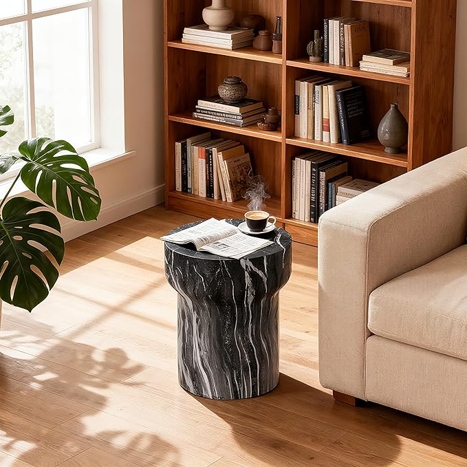 15.55" Cement End Tables for Patio,Faux Terrazzo Modern Small Round Side Accent Table,Tree Stump Garden Stool Drum Indoor and Outdoor,Marble
