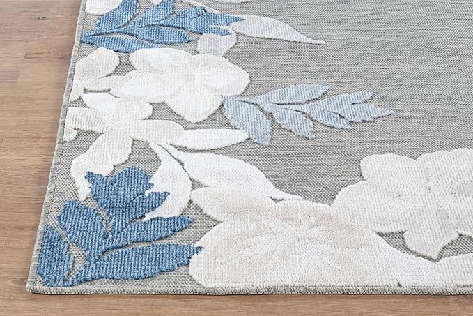 Outdoor Rug 10x14 Washable Area Rugs Indoor Outdoor Carpets Blue Border Floral Non Shedding Waterproof Easy Clean Patio Deck Porch Living Room Bedroom Garden RV (10 X 14 Blue)