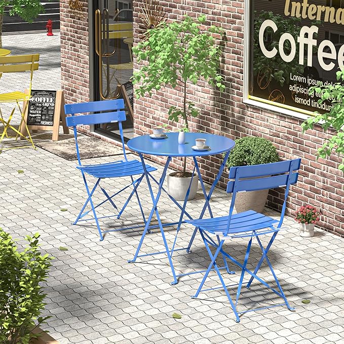 3 Piece Bistro Set, Folding Patio Furniture Set, Outdoor Table and Chairs Set for Patio, Garden, Balcony and Poolside, Blue