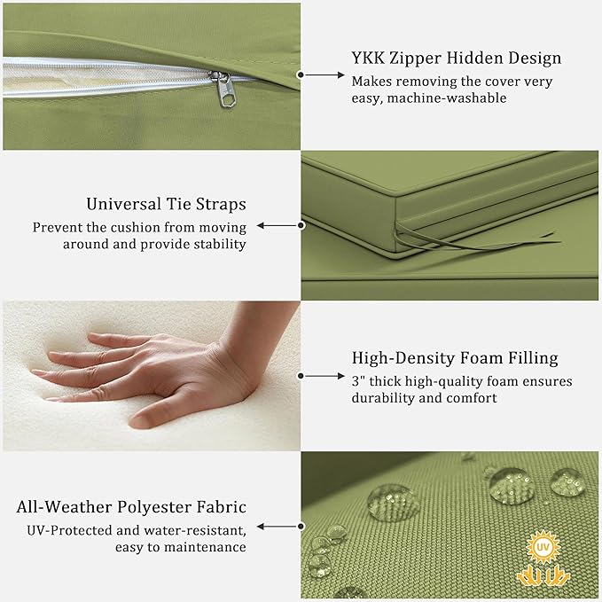 3 Pack Outdoor Replacement Cushions,36L x 18W x 3H,18L x 18W x 3H inch, High-Elastic Replacement Sponge for 4-Seater Water-Resistant Patio/Sofa with Removable Covers (Light Green)