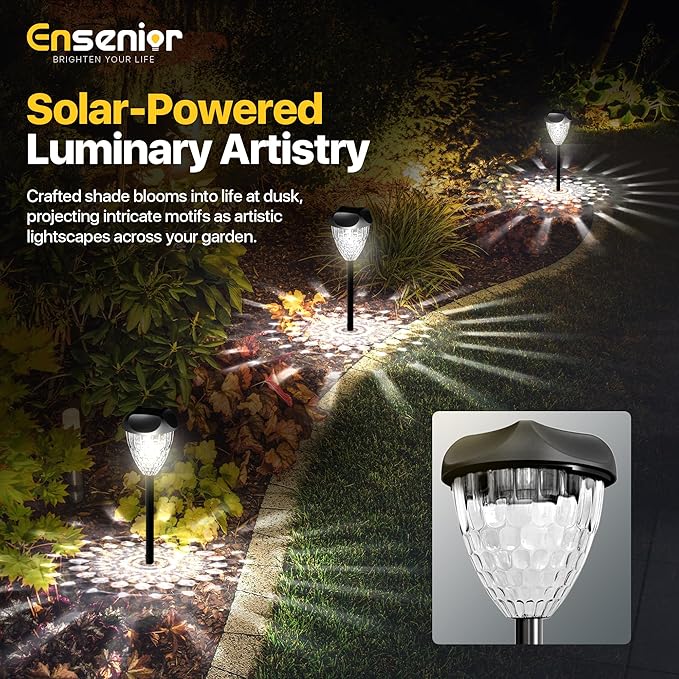 Ensenior 8-Pack Solar Lights Outdoor, Auto ON/Off 6500K LED Solar Garden Lights for Pathway, Yard, Patio, Walkway, Planter, Waterproof, Energy-Efficient Landscape Lighting