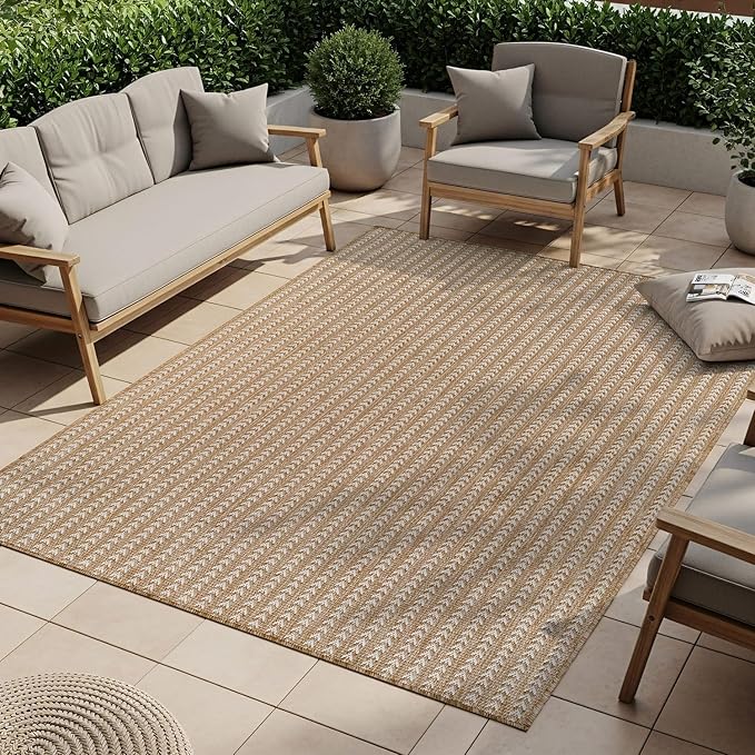 Washable Outdoor Rug 5x7 Modern Area Rugs Outdoor Carpets Striped Pattern Non Shedding Waterproof Easy Clean Patio Deck Porch Living Room Bedroom Garden RV (5 X 7 Natural)