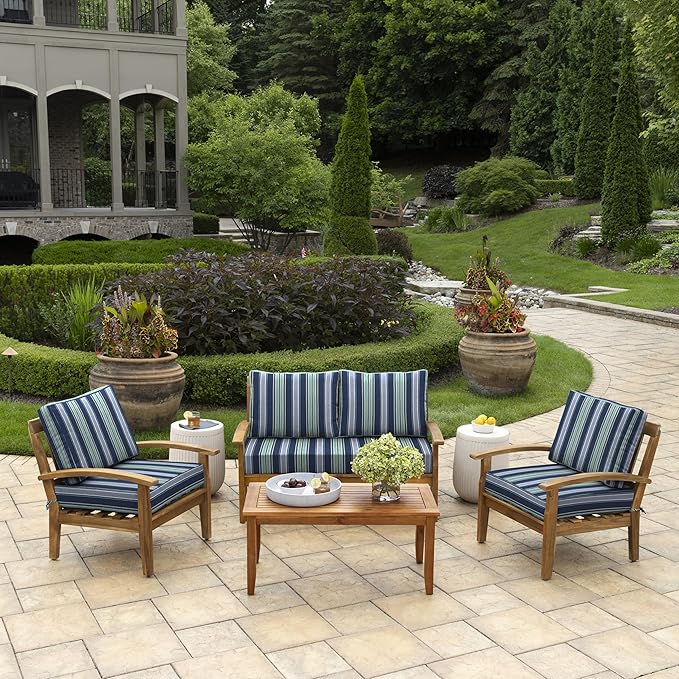 Arden Outdoor Loveseat Cushion Set, 48 x 24, Rain-Proof, Fade Resistant, Cushion Set for Couch, Bench, and Swing Sapphire Aurora Blue Stripe