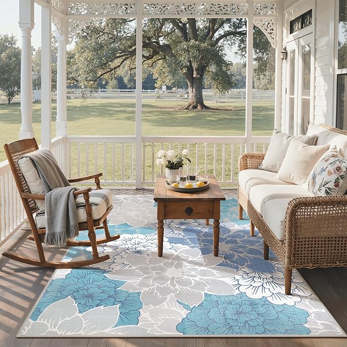 GENIMO Indoor Outdoor Area Rug 8'x10', Machine Washable Rugs for Patio, Waterproof, Non-Slip Easy Cleaning Floral Outdoor Mat Carpet for Living Room, Bedroom, RV, Balcony, Deck, Camping, Light Blue