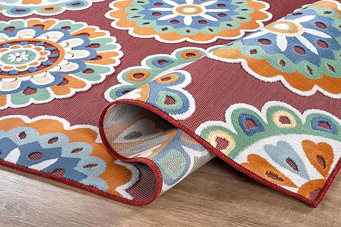 Outdoor Rug 5x7 Washable Area Rugs Indoor Outdoor Carpets Red Bohemian Medallion Non Shedding Waterproof Easy Clean Patio Deck Porch Living Room Bedroom Garden RV (5 X 7 Red)