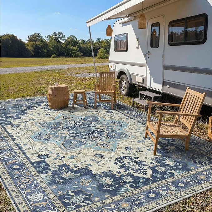 GENIMO Outdoor & Indoor Area Rug 10'x14', Waterproof, Non-Shedding, Easy Cleaning, Boho Mat for Patio, Living Room, Balcony, Dining Room, RV, Deck, Bedroom, Camping, Outside Carpet,Center Blue