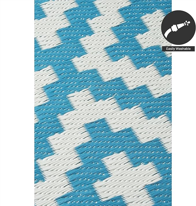 FH Home Outdoor Rug - Waterproof, Fade Resistant, Reversible - Premium Recycled Plastic - Geometric - Patio, Deck, Porch, Balcony, Laundry Room - Aztec - Teal & White Crease Free - 4 x 6 ft