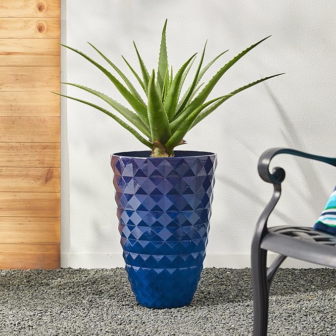 Glitzhome 19.75"H Tall Planters for Outdoor Plant,Tall Outdoor Planters with Drainage Holes,Faux Ceramic Diamond Textured,Large Gradient Cobalt Blue Planter Garden Flower Pots for Porch,Patio,Set of 2