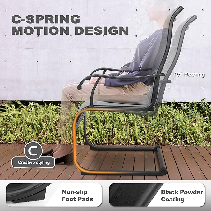 NUU GARDEN Set of 2 Patio Dining Chairs All Weather Outdoor Padded Textilene Chairs with High Back and Spring Motion Design Breathable Outdoor Dining Chairs for Deck Lawn Backyard Grey