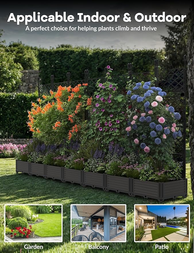 7 PCS Raised Garden Bed with Trellis & Privacy Screen, 116" w x 63" Tall Vertical Garden Planter Box for Climbing Plants - Sturdy Lightweight Outdoor Planter for Vegetables, Flowers on Patio, Balcony