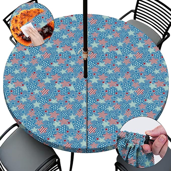 Fitted Circular Outdoor Table Cloth with Umbrella Hole and Zipper Patio Vinyl Stain Resistant Cover for 45-54" Tables Housewarming Home Gifts for Camper Gardener Womens Mans Who Want Nothing