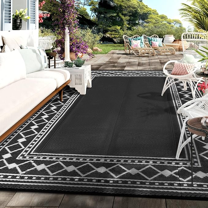 Garvee Outdoor Rug 10x14 for Patios Clearance,Waterproof Mat,Large Outside Carpet,Reversible Plastic Straw Camping Rugs,Porch,Deck,Balcony,Backyard,Black/White