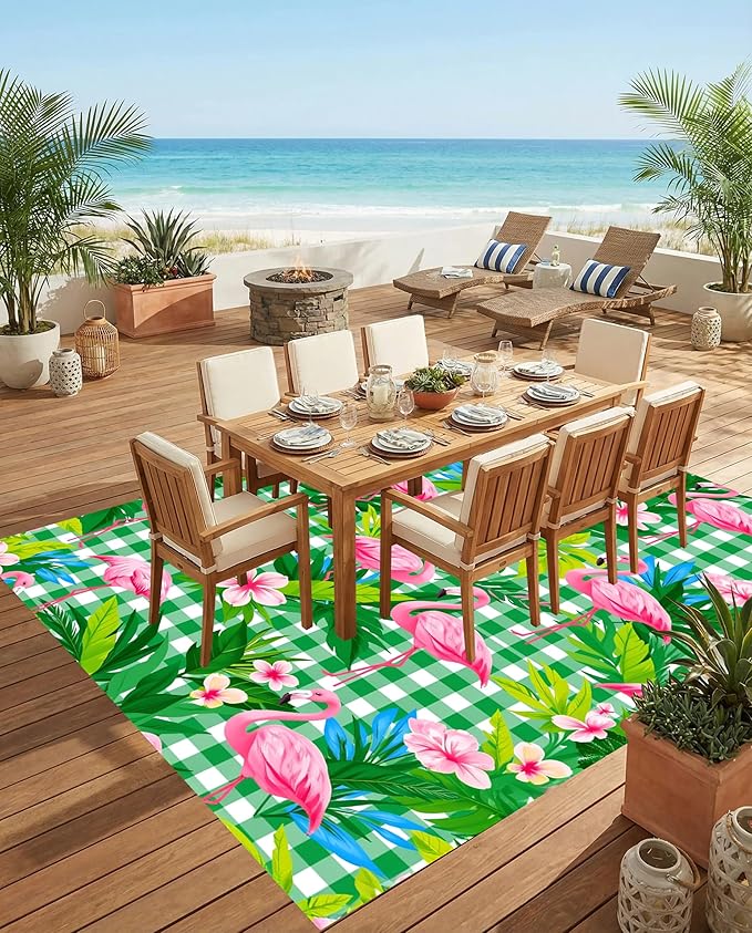 Waterproof Outdoor Patio Rug 5x7 Tropical Flamingo Monstera Flower Print Checkerboard Outside Carpet for Porch Deck Balcony Poolside Garden RV Camping Pink Green Easy Clean Durable Mat