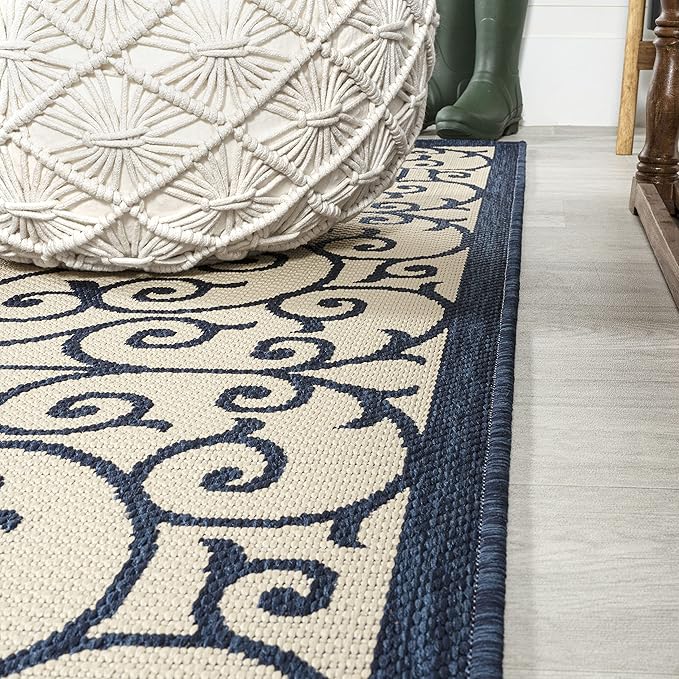 JONATHAN Y Vintage Filigree Indoor Outdoor Area Rug 9X12 Navy/Beige, Madrid Textured Weave for Backyard, Patio, Porch, Easy-Cleaning, High Traffic, Pet-Friendly, Non-Shedding (SMB107G-9)