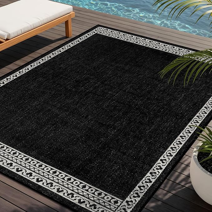 Washable Outdoor Rug 9x12 Modern Area Rugs Outdoor Carpets Bordered Pattern Non Shedding Waterproof Easy Clean Patio Deck Porch Living Room Bedroom Garden RV (9 X 12 Black)
