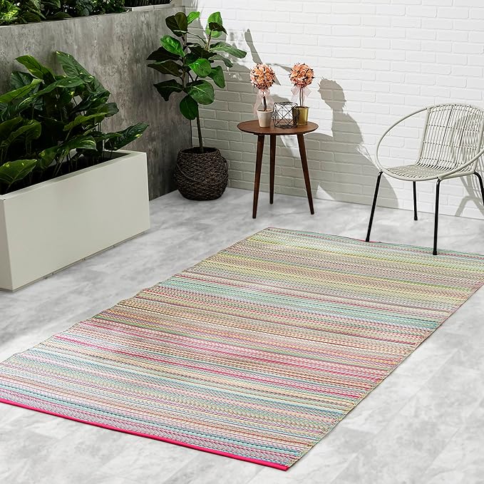 Fab Habitat Outdoor Rug - Waterproof, Fade Resistant, Crease-Free - Premium Recycled Plastic - Striped - Patio, Deck, Porch, Balcony, Laundry Room - Cancun - Candy - 4 x 6 ft