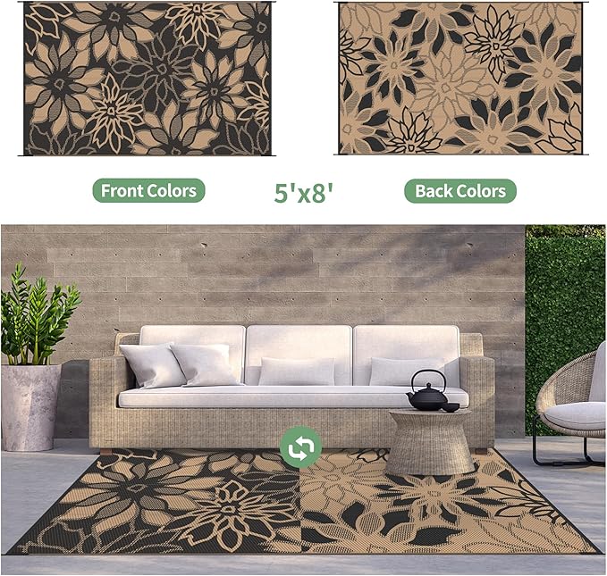 GENIMO Outdoor Rug Waterproof for Patio Decor, 5' x 8' Reversible Plastic Straw Floral Camping Carpet, Large Area Rugs Mats for RV, Camper, Deck, Balcony, Porch, Beach, Picnic, Black & Brown