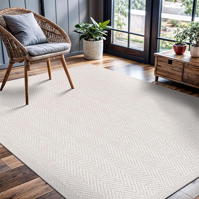 CAMILSON Easy Jute Rug 4x6, Indoor Outdoor Off-White Color Fiber Area Rugs for Living Room Patio and Kitchen Rug Herringbone Seagrass Woven Design Easy-Cleaning Washable Outside Carpet Alfombras 4 x 6