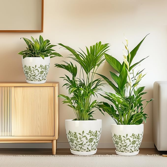 Ceramic Flower Pots Indoor - 10+8+6 Inch Ceramic Planters for Outdoor Plants, Boho Round Planter Pots with Drainage Holes and Saucers, Plant Lover Gifts, Patio Decor, Set of 3, White
