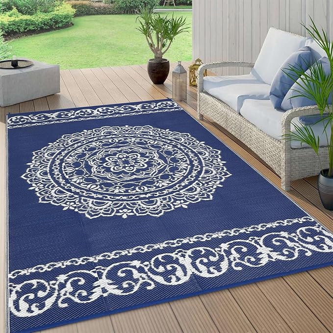 GAOMON Large Outdoor Rugs for Patio 9x18 Portable Outdoor Carpet, Reversible Plastic Straw Camping Mat, Waterproof Outside Rug for RV, Porch, Deck, Balcony, Beach, Navy/White(Medallion)