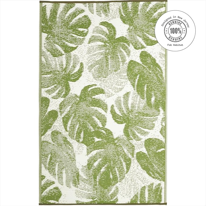 Fab Habitat Outdoor Rug - Waterproof, Fade Resistant, Crease-Free - Premium Recycled Plastic - Tropical Palm Leaf Botanical - Patio, Porch, Deck, Balcony - Panama - Green - 5 x 8 ft