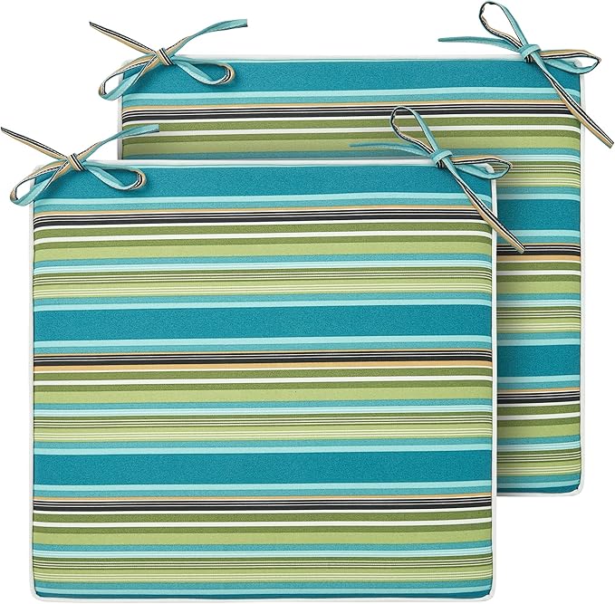 FUNHOME Indoor/Outdoor Chair Cushions Set of 2, 18 x 18 x 2.5 Inch Square Corner Outdoor Cushions for Patio Furniture,2 Packs Patio Chair Cushions with Ties-Green Stripe
