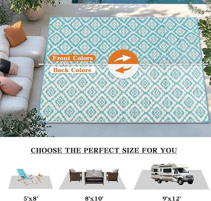 Wallona Outdoor Rugs 8x10 ft Patio Waterproof Clearance Indoor Outdoor Large Carpet for Patio Plastic Straw Reversible Area Rugs Mat for RV, Camping, Balcony, Beach, Picnic, Porch, Brick Teal & White