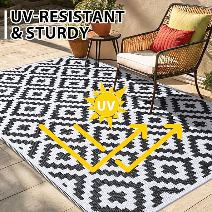 Smiry Waterproof Outdoor Rug 10X14 ft, Reversible Plastic Straw Patio Camping Rugs, Outdoor Indoor RV Mat Carpet for Patio, Outside Entry, Backyard, Deck, Bench, Picnic, Camper, Black & White