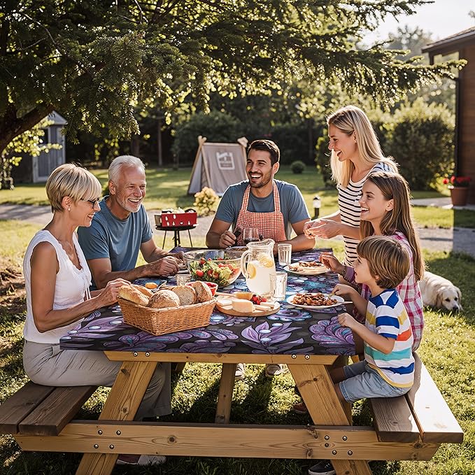 Fitted Waterproof Picnic Table Cover with Bench Covers Elastic Reusable Camping Table Cloths for 6Ft Rectangle Tables Summer Camp Motorhome Party Gear Outdoors Car Travel Trailer Gadgets Gift