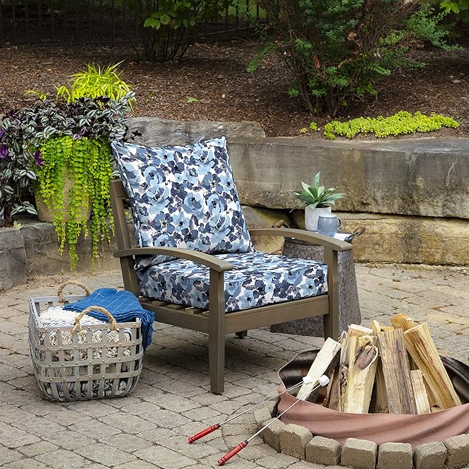 Arden Outdoor Deep Seat Cushion Set, 24 in x 24 in, Weather-Proof, Rain-Proof, Fade Resistant Patio Cushion for Chair, Sofa, and Couch Blue Garden Floral