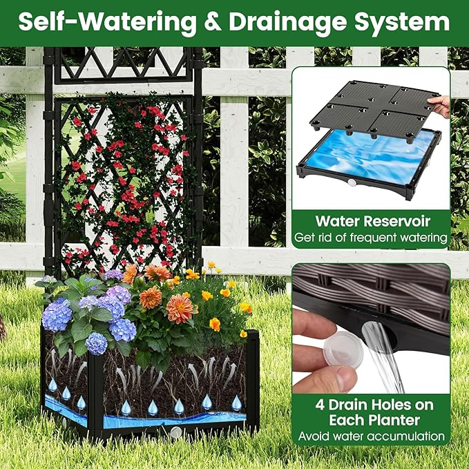 HAPPYGRILL Raised Garden Bed with Trellis, Double Self-Watering Planter Boxes w/Drain Holes for Climbing Vines Flowers Vegetables, Indoor Outdoor Tall Plant Support Privacy Fence for Backyard Balcony
