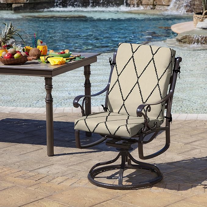 Arden Outdoor Patio Dining Chair Cushion, 20x44, Rain-Proof Seat Pad, Fade-Resistant Outdoor Cushion Tan Diamond Trellis