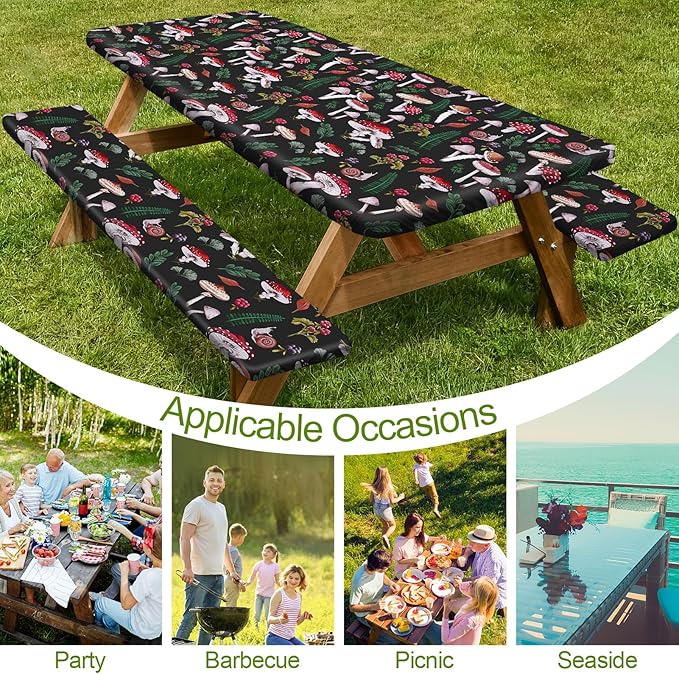 Picnic Table Cover with Bench Covers 6FT 3 Pcs Waterproof Windproof Aesthetic Camping Tablecloth with Drawstring Bag, Fitted for 6 Foot Rectangle Tables and Seats, 72 inch, Black Green Red