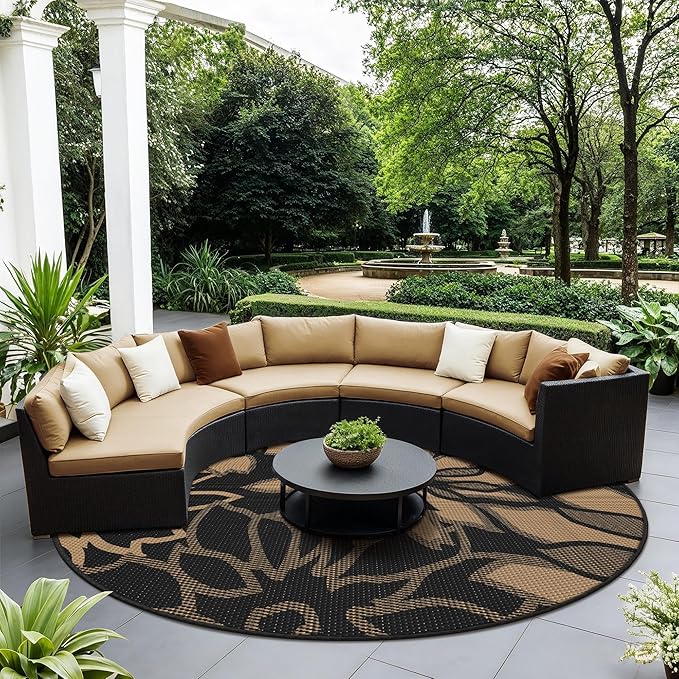 GENIMO Outdoor Rug Waterproof for Patio Decor, 10' Round Reversible Plastic Straw Floral Camping Carpet, Large Area Rugs Mats for RV, Camper, Deck, Balcony, Porch, Beach, Picnic, Black & Brown