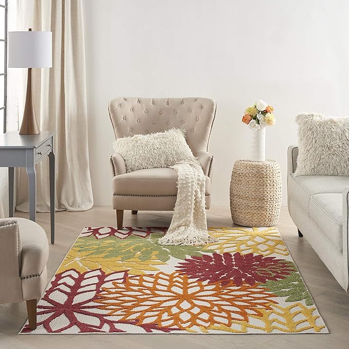 Nourison Home Aloha Indoor/Outdoor Red Multi Colored 3'6" x 5'6" Area Rug, Tropical, Botanical, Easy Cleaning, Non Shedding, Bed Room, Living Room, Dining Room, Deck, Backyard, Patio (3x5)