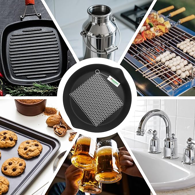 Amagabeli Cast Iron Cleaner 8"x6" 316L Stainless Steel Chainmail Scrubber Cast Iron Skillet Cleaner for Pan Pot Wok Griddles BBQ Grills Cast Iron Cleaning