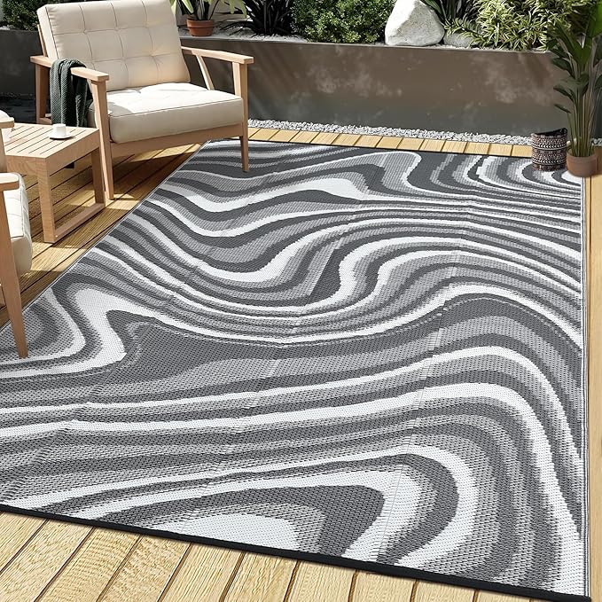 Outdoor Rug 6x9 Waterproof Patio Rugs Modern Abstarct Reversible Mat for Front Door Rv Foldable Plastic Straw Carpet for Travel Trailers, Deck, Porch, Camper, Balcony, Beach，Black/Grey