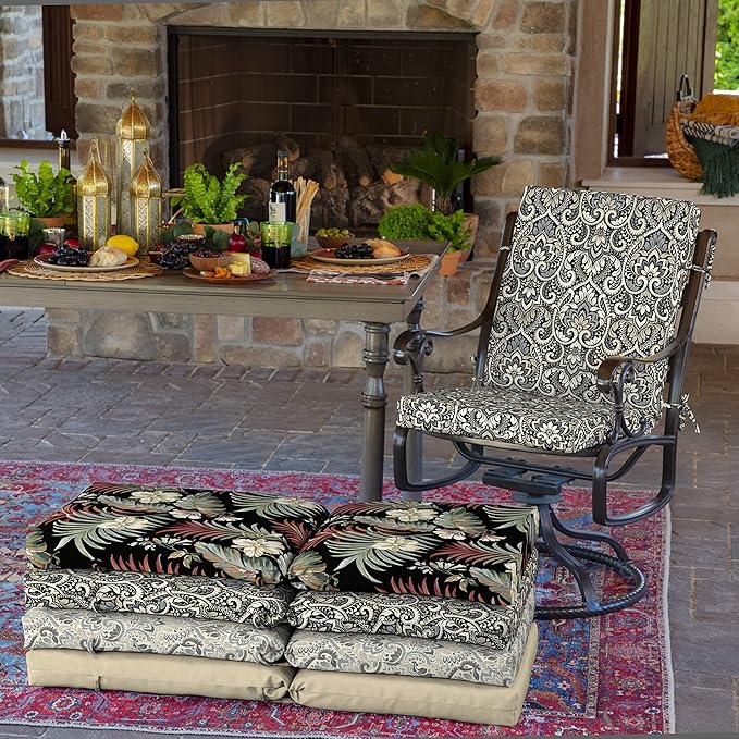 Arden Outdoor Patio Dining Chair Cushion, 20x44, Rain-Proof Seat Pad, Fade-Resistant Outdoor Cushion Black Aurora Damask