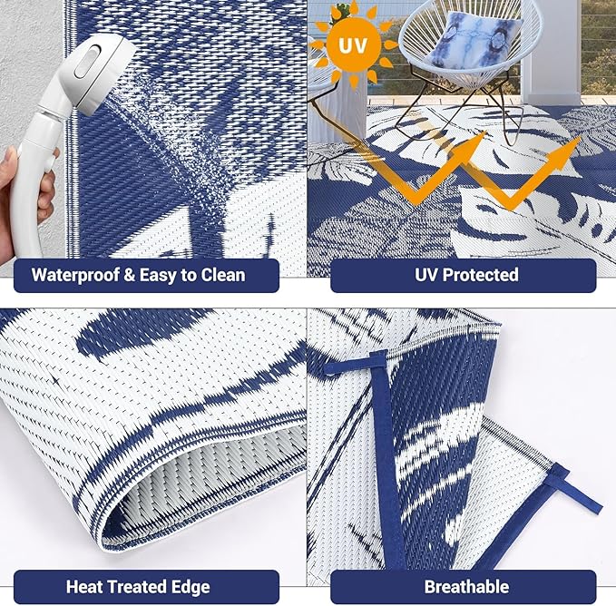 Patio Modern Leaf Print Outdoor Rug 10x14 Waterproof Large Reversible Camping Mat Foldable Lightweight Plastic Straw Outdoor Rug for Deck, Picnic, Porch, Balcony, Beach, Rv，Navy/White
