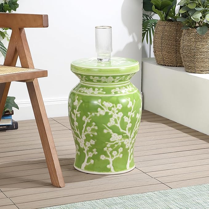 JONATHAN Y TBL1017C Cherry Blossom 17.75" Ceramic Indoor/Outdoor Garden Stool Coastal, Contemporary, Transitional, Patio, Garden Room, Bathroom, Living Room, Green/White