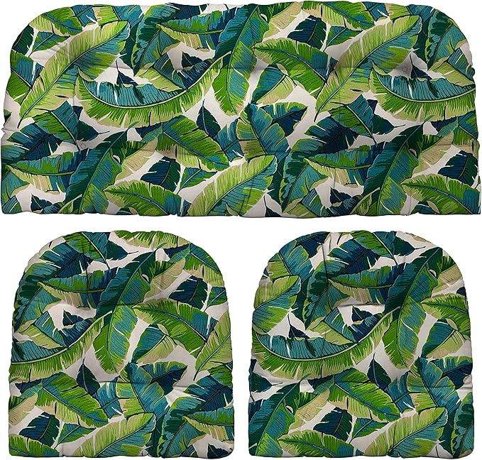 RSH DECOR: 3-Piece Wicker Tufted Cushion Set | for Large Wicker Sets | Outdoor Loveseat & U-Shaped Seat Cushions | Water & Fade-Resistant Spun Fabric | Balmoral Opal