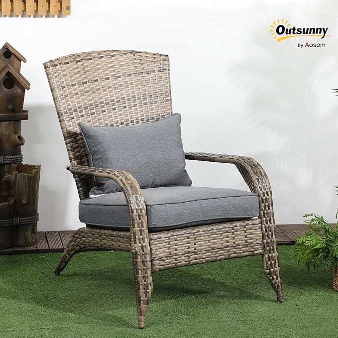 Outsunny Patio Wicker Adirondack Chair, Outdoor All-Weather Rattan Fire Pit Chair w/Soft Cushions, Tall Curved Backrest and Comfortable Armrests for Deck or Garden, Mixed Tan/Dark Gray
