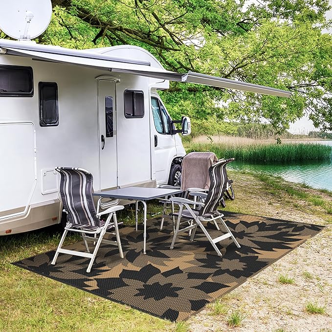 GENIMO Outdoor Rug 6' x 9' Waterproof for Patio Clearance, Reversible Plastic Straw Camping Mat, Light Weight Carpet for Rv, Camper, Deck, Porch, Picnic, Balcony, Beach, I.Black & Brown