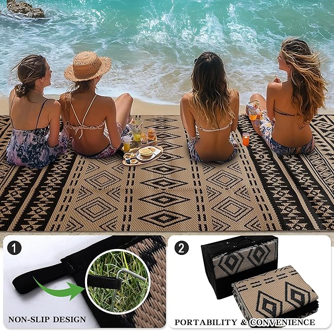 Wallona Outdoor Rugs 8x10 ft Patio Waterproof Clearance Indoor Outdoor Large Carpet for Patio Plastic Straw Reversible Area Rugs Mat for RV, Camping, Balcony, Beach, Picnic, Porch, Boho Black & Brown