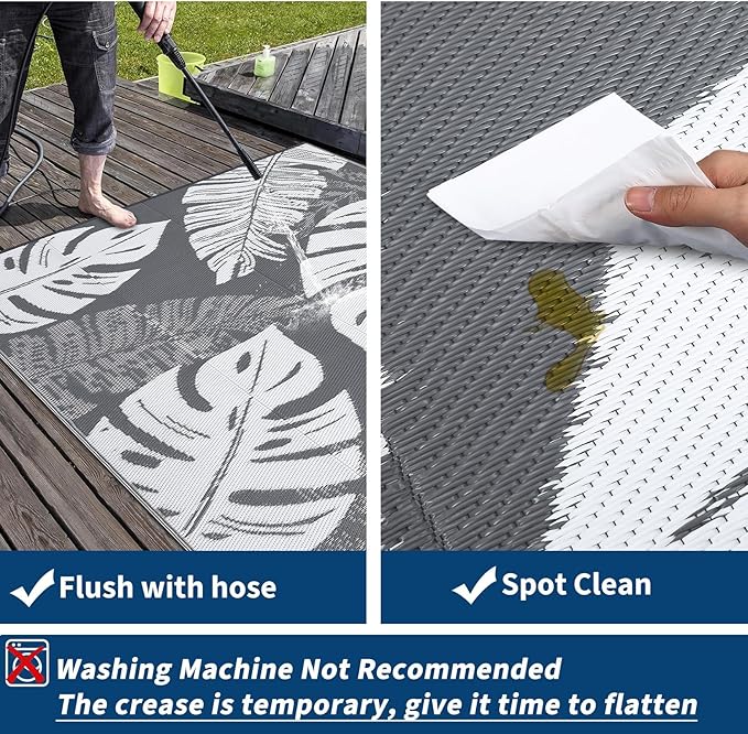 Outdoor Rug 8x10 Waterproof Patio Rugs Modern Leaf Print Reversible Mat for Front Door Rv Foldable Plastic Straw Carpet for Travel Trailers, Deck, Porch, Camper, Balcony, Beach，Grey/White