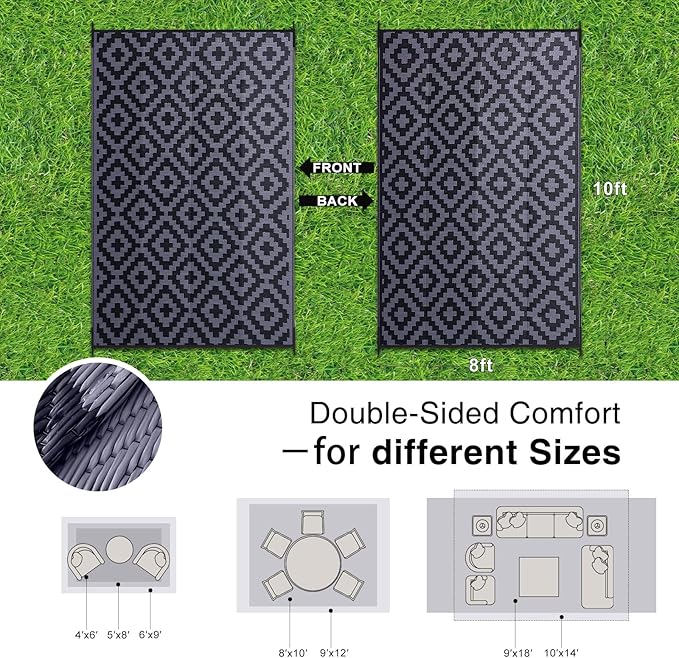 OLANLY Waterproof Outdoor Rug 8x10 ft, Outdoor Plastic Straw Rug for Camping, RV Mat Outside, Indoor Outdoor Carpet for Porch, Deck, Backyard, Balcony, Picnic, Black & Grey