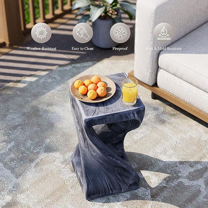 COSIEST Concrete Outdoor Side Table, Square Twisted Patio End Table with Waterproof Faux Wood Grain, Weather-Resistant & Durable Accent Stool for Garden, Porch, Deck, Balcony & Beach
