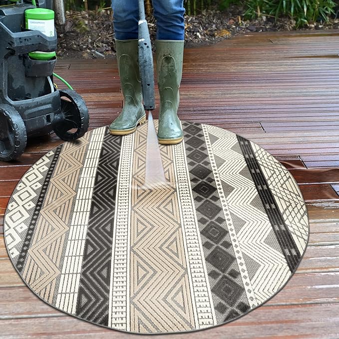 Rugshop Gray Marbella Boho Indoor/Outdoor Round Area Rug, Machine Washable for Patio, Deck and Seating Area 8' Round